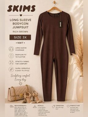 SKIMS Brown Long Sleeve Bodycon Jumpsuit Size 3X NWT
